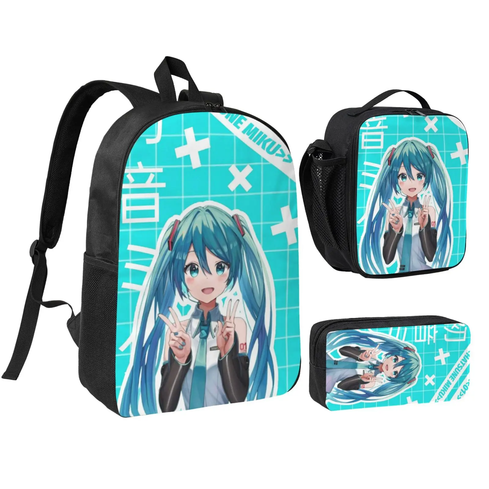 Anime Miku 3Pcs School Backpack Set for Teens Boys Girls, Adjustable Strap Kids Bookbag with Insulated Lunch Bag & Pencil Case, Lightweight Travel Office Daypack