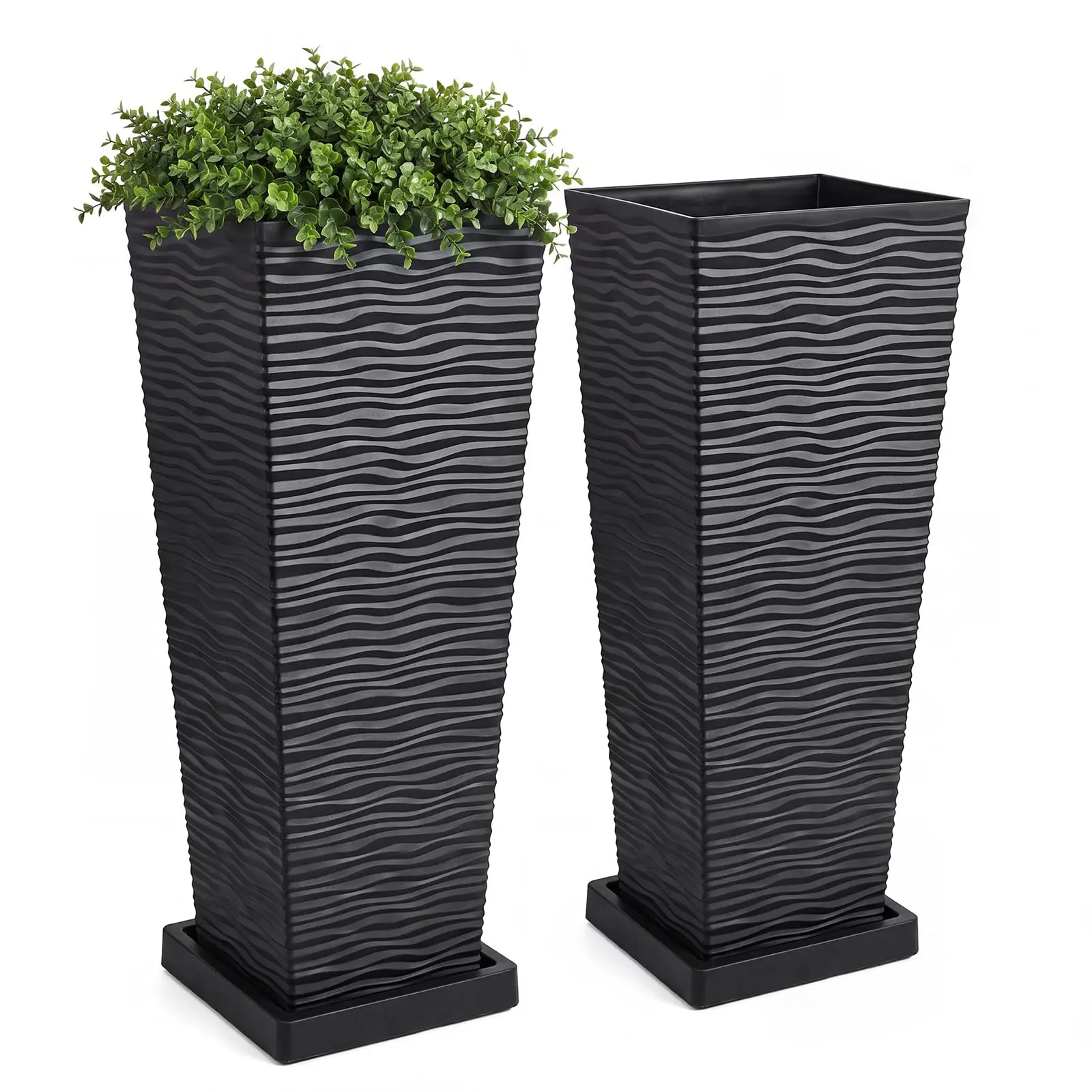 GAOMON 2-Pack Modern Rectangular 24in Indoor-Outdoor Planter Sets with Saucers, Black & White Options, Ideal for Home Decor