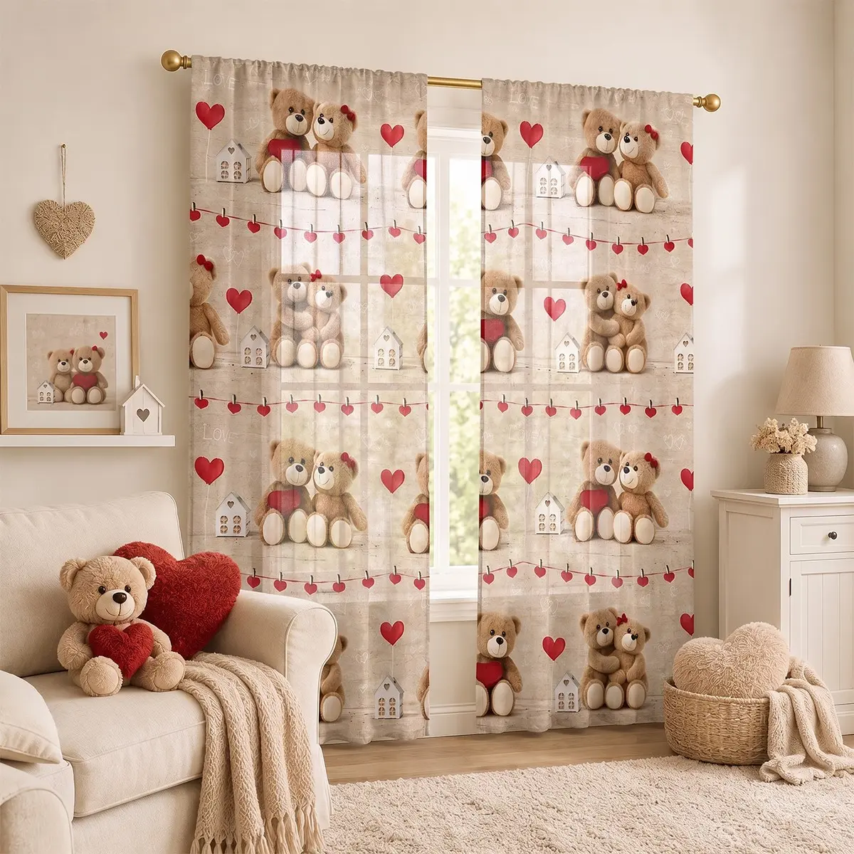 2pcs TWood grain teddy bear heart-patterned semi-blackout curtains. Featuring a teddy bear and red heart print, pocket rod installation, and digital printing, these curtains are suitable for living rooms, bedrooms, outdoor spaces, and home décor.