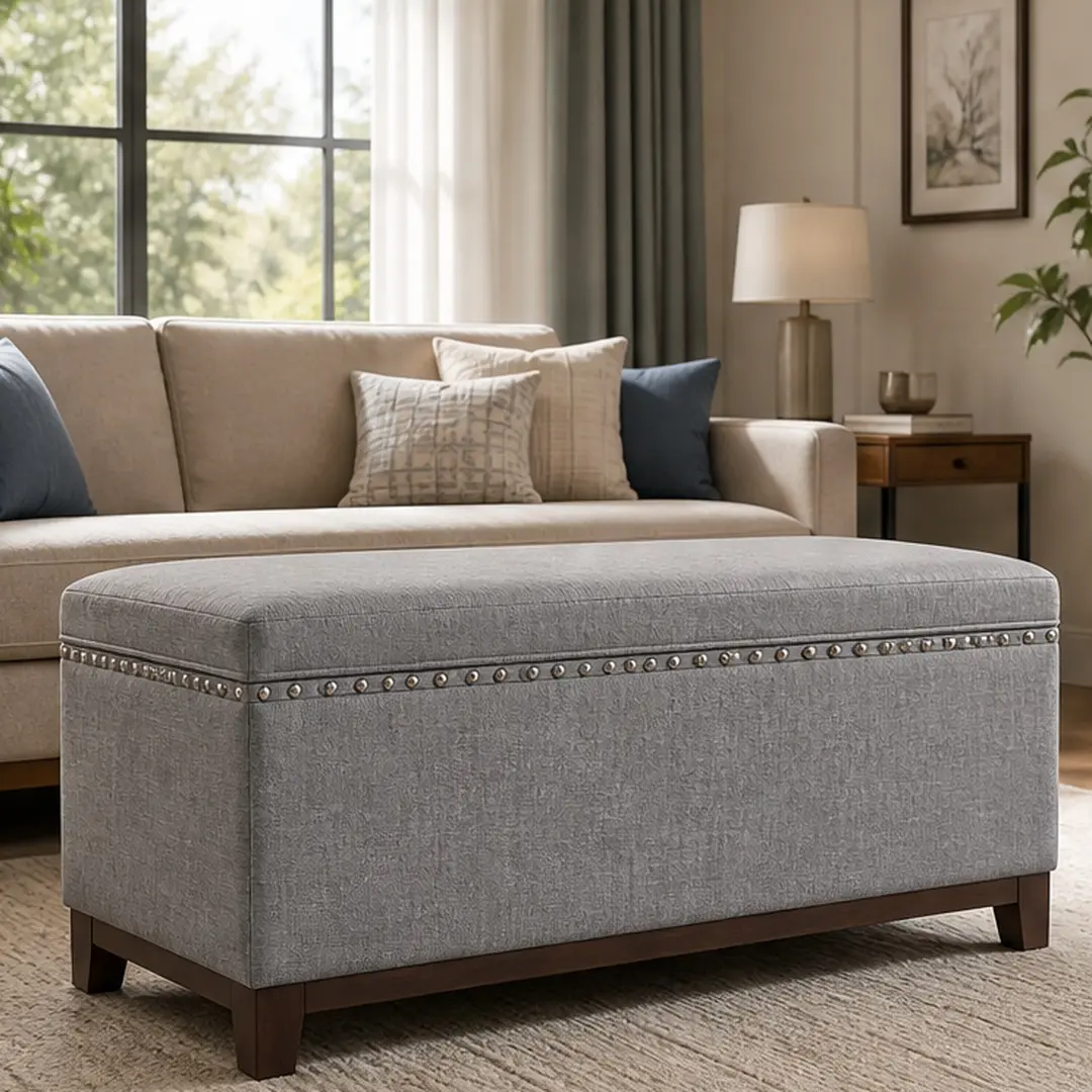 Linen Fabric ARCH Rectangle Storage Ottoman Bench - Trapdoor, Underseat Storage Compartment, Rivet Trim, Easy Open Hinge Top, Solid Wood Frame, Tool-Free, 300 lb Capacity, Grey, 16.93W x 36.61D x 17.72H in, 29.26 lb, for Living Room, Bedroom