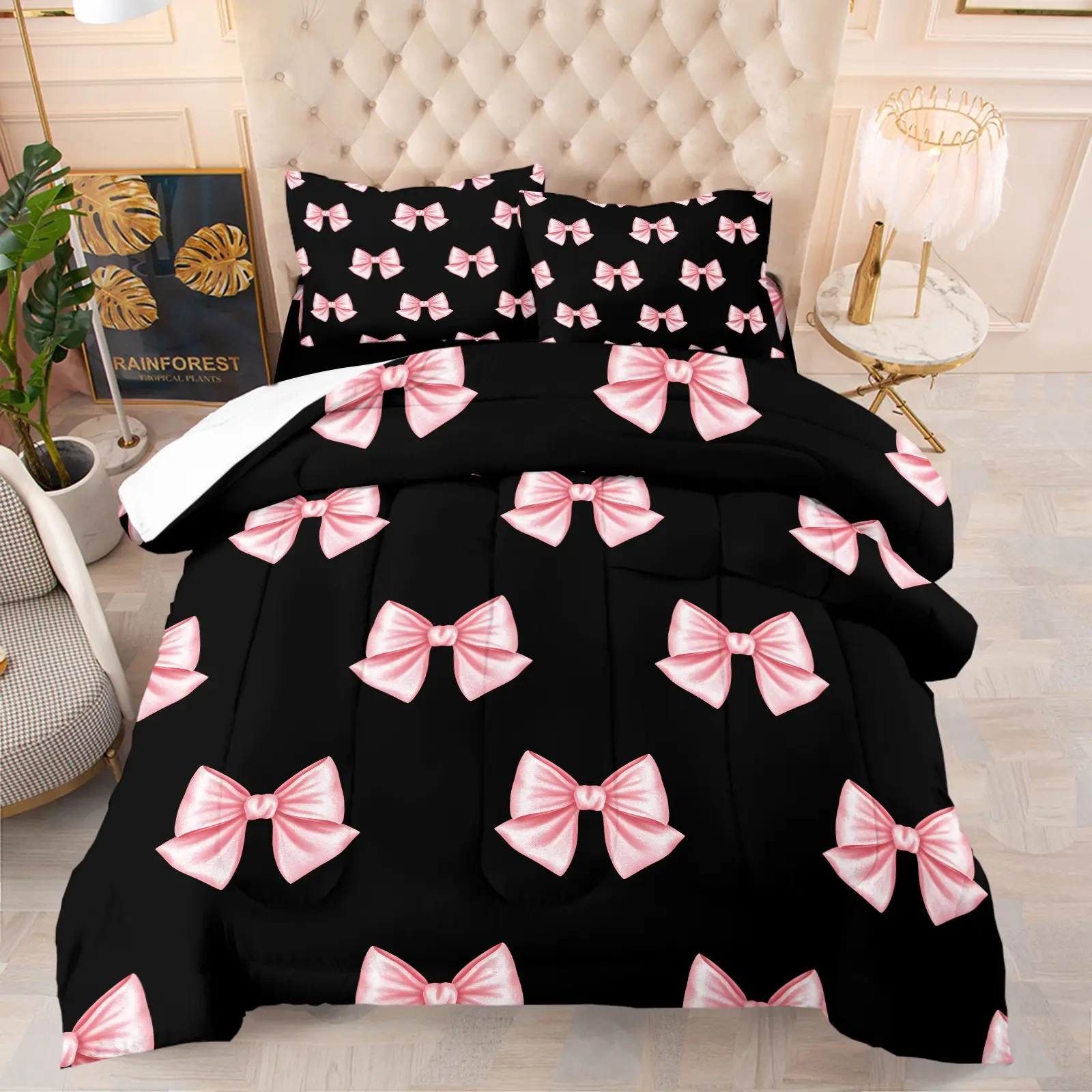 Black Pink Coquette Bow Aesthetic Comforter Set, Soft Breathable Girly Themed Bedding, 1 Comforter + 1-2 Pillowcases, Lovely Gift for Teen Girls, Twin/Full/Queen Size for Bedroom Dorm