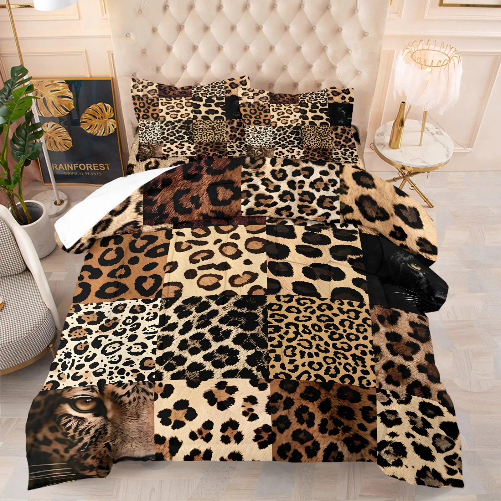 Vintage Spliced Multi-Tone Leopard Texture Comforter Set & 1-2 Coreless Pillowcases, Soft Polyester With Wild Animal Prints, Comfortable And Breathable For All Seasons. Creative Niche Gift For Dark Punk And Gothic Subculture Bedroom Decor
