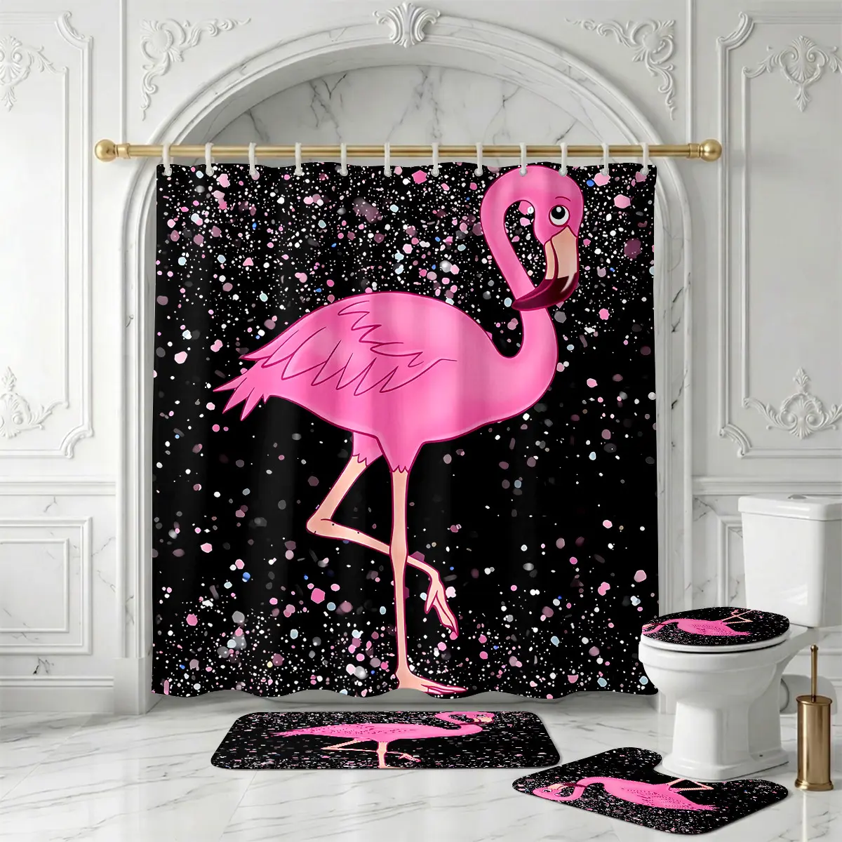 Pink Flamingo Glitter Shower Curtain Set – Tropical Sparkle Animal Print Bathroom Decor for Summer Solstice, Beach Party & Holiday Vibes