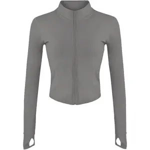 Womens Lightweight Full Zip Running Track Jacket Workout Slim  Yoga Sportwear with Thumb Holes