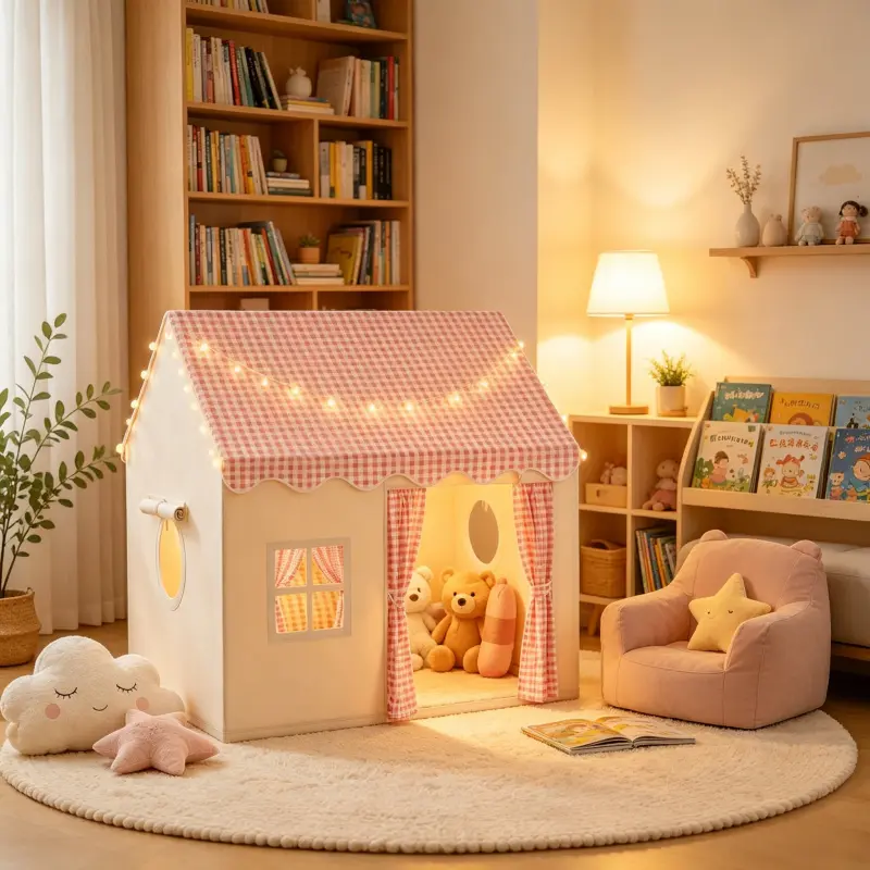 Easy Setup Indoor Fabric Play Wonderland Spacious Room With Roll Up Breathable Windows Pink Gingham Curtain Play Tent House Toddler Playhouse
