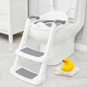 Potty  Toilet Seat with Step Stool Ladder,   Potty Seat for Boys Girls, Non Slip Foldable Toilet  Seat with Soft Cushion, Comfortable Handles (White-Grey)