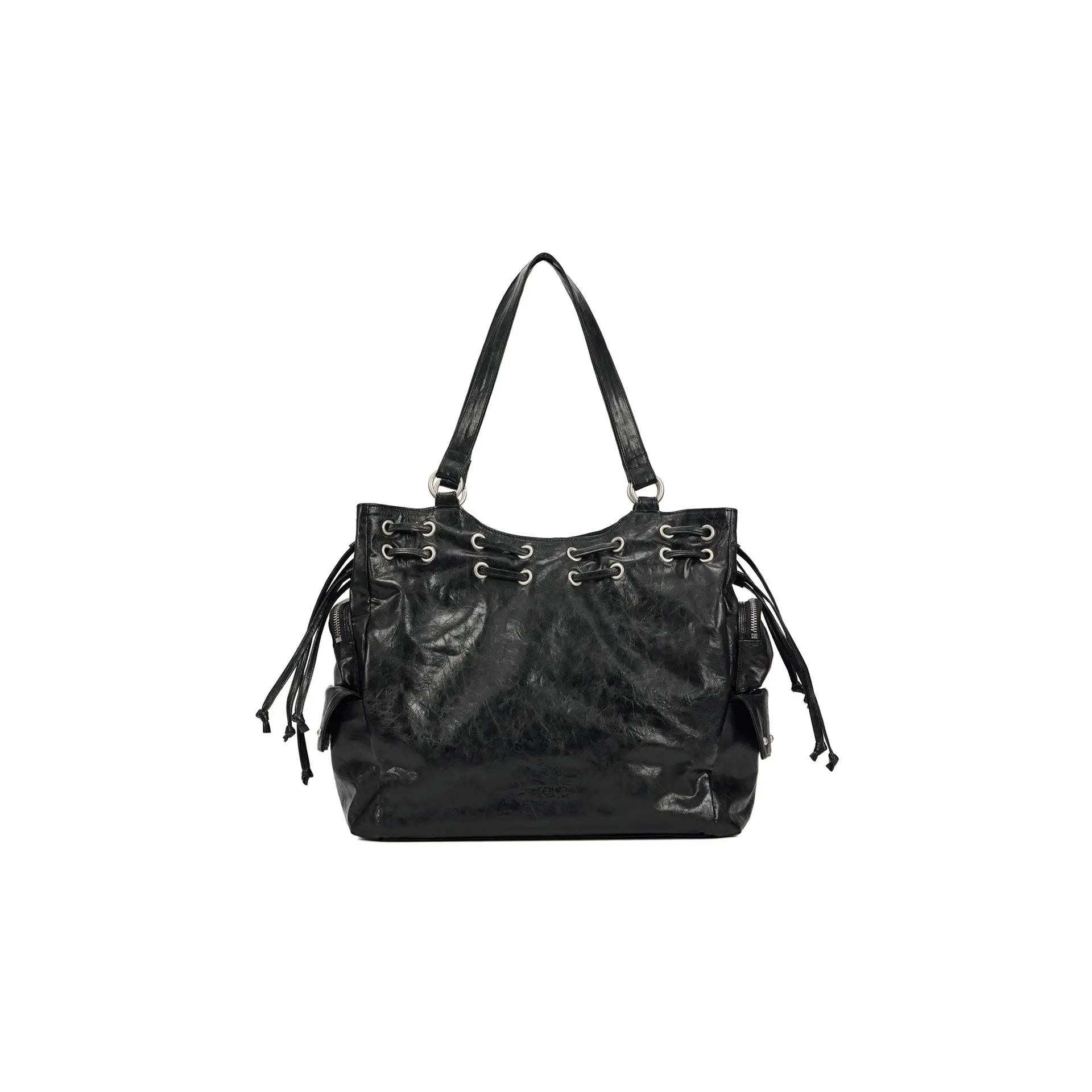 Women's Goth Retro Lace-Up Bucket Tote - Soft Crinkled Faux Leather Double Strap Crossbody, Horizontal Sq. Everyday Bag for Travel Use