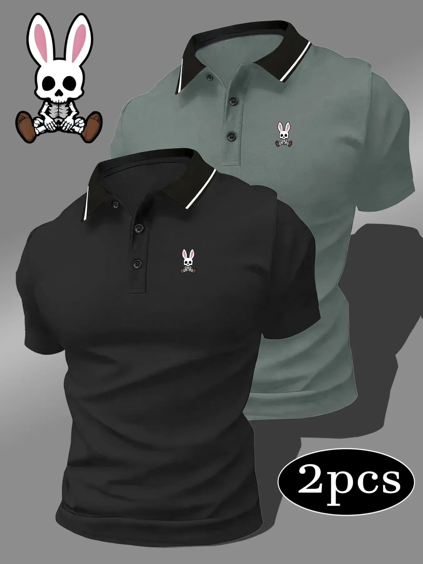 Men's Quick-Dry Polo Shirt Set, Geometric Skull Rabbit Print, Breathable Sporty Top, Comfortable Casual Lightweight Upper
