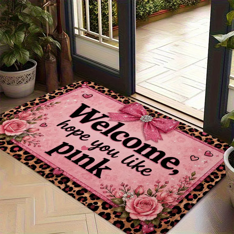 "Welcome Hope You Like Pink" Leopard Print Border Flannel Soft Plush Area Rug, Non-slip Indoor Floor Mat. Cute Coquette Pink Bow Rose Washable Entryway Door Mat Carpet for Girls Bedroom Living Room.