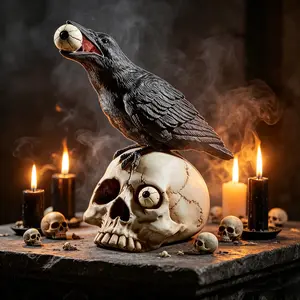 Halloween Raven on Skull Home Decor, Gothic Raven Skull Statue, Bird Perched on Skull Sculpture, Spooky Ash Room Decoration