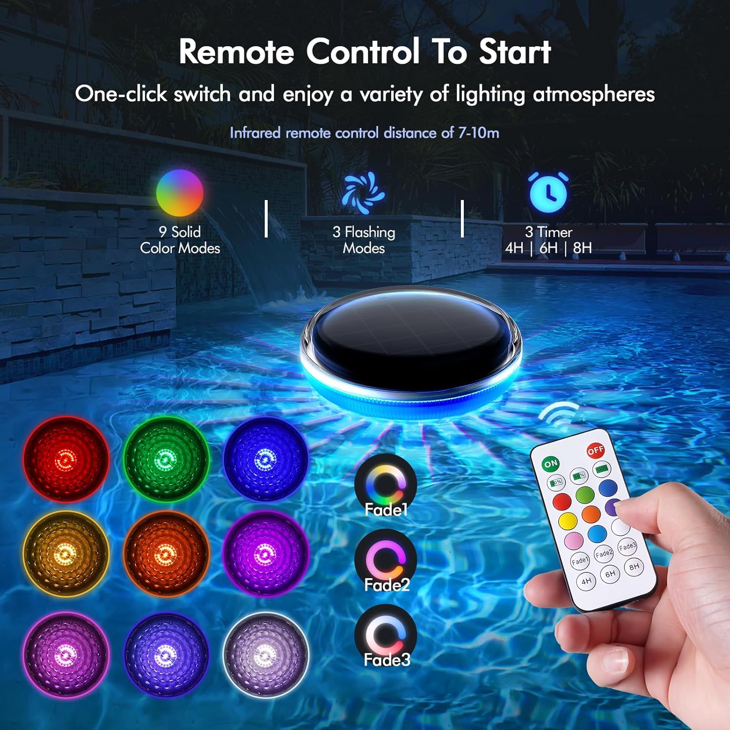 Solar Rechargeable Floating Pool Light with Remote, 9 LED Lighting Modes, Ipx7 Waterproof, Ideal for Indoor Pools and Spa Parties