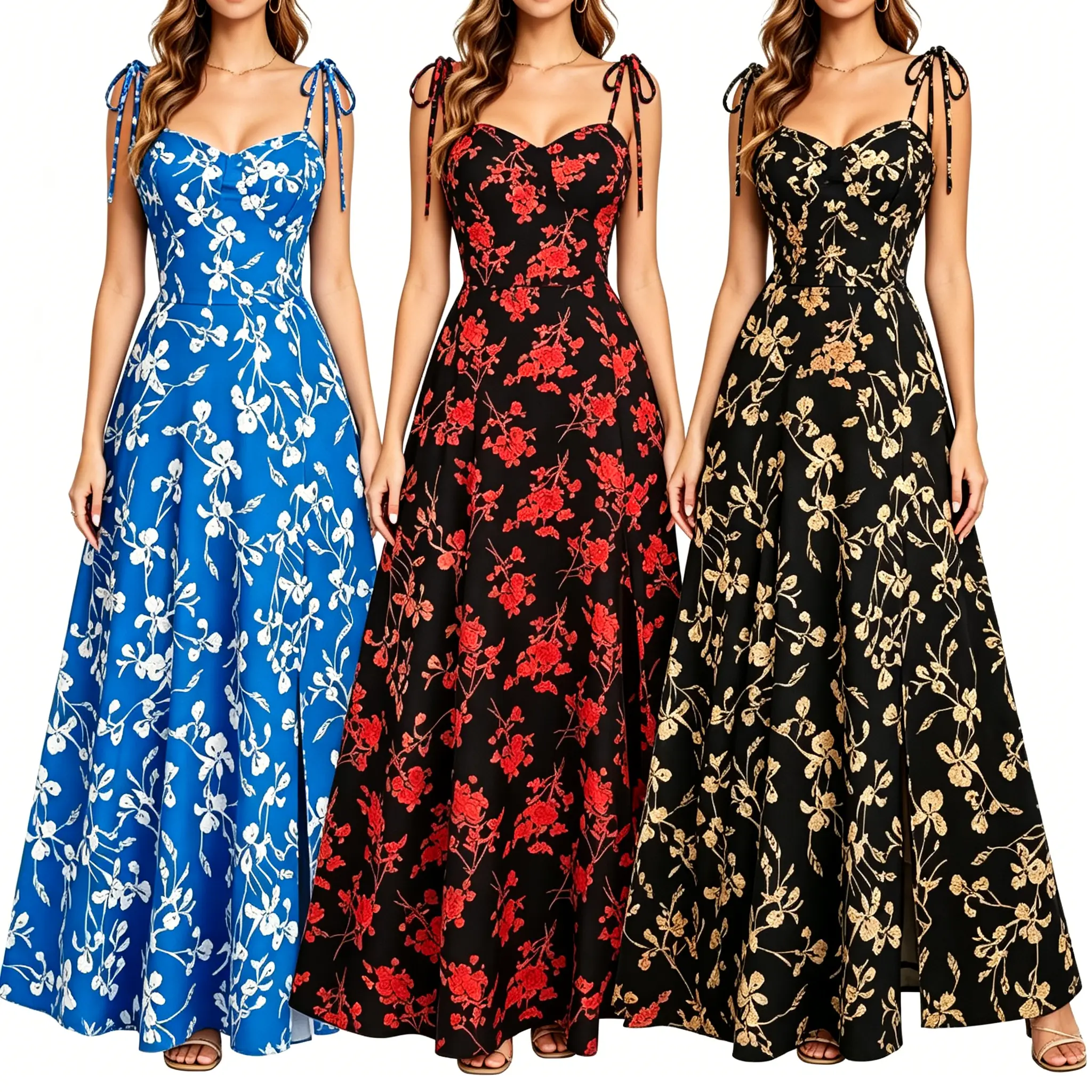 Women's Floral Bustier Maxi Gown, Sweetheart A-Line Floor Length Dress with Adjustable Ties for Weddings & Cocktail Parties