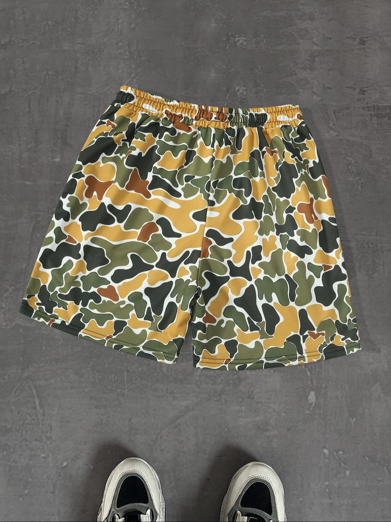 Men's Regular Fit Camo Print Drawstring Waist Beach Shorts, Camo Swim Trunks, Casual Comfy Breathable Swim Shorts for Summer, Men's Shorts for Beach Vacation