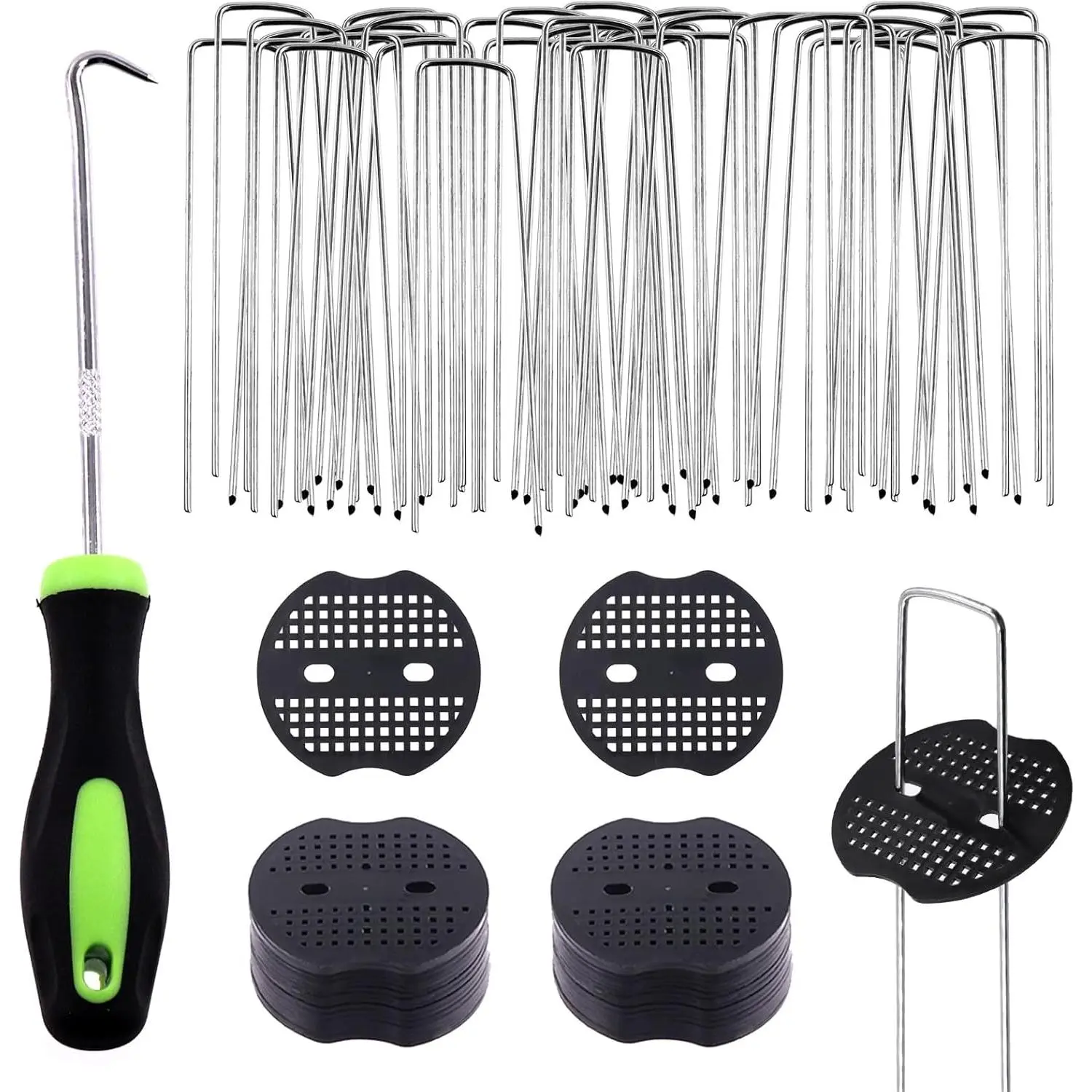 201Pcs U-Landscape Stakes and Fixing Gasket with Pick Hook Assortment Kit, Lawn Landscape for Irrigation, Fixed Fences, Artificial Turf