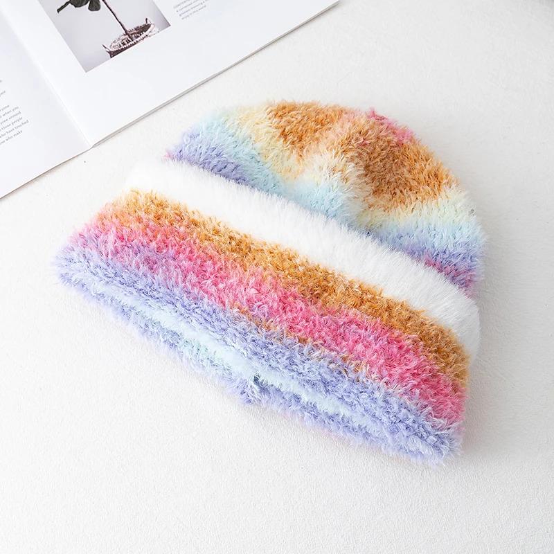 Hot Sale Loose Chic Hat Lazy Style Gradient Beanie Hat Fashion Winter Hats For Women Streetwear Multicolour Warm Hats For Girl