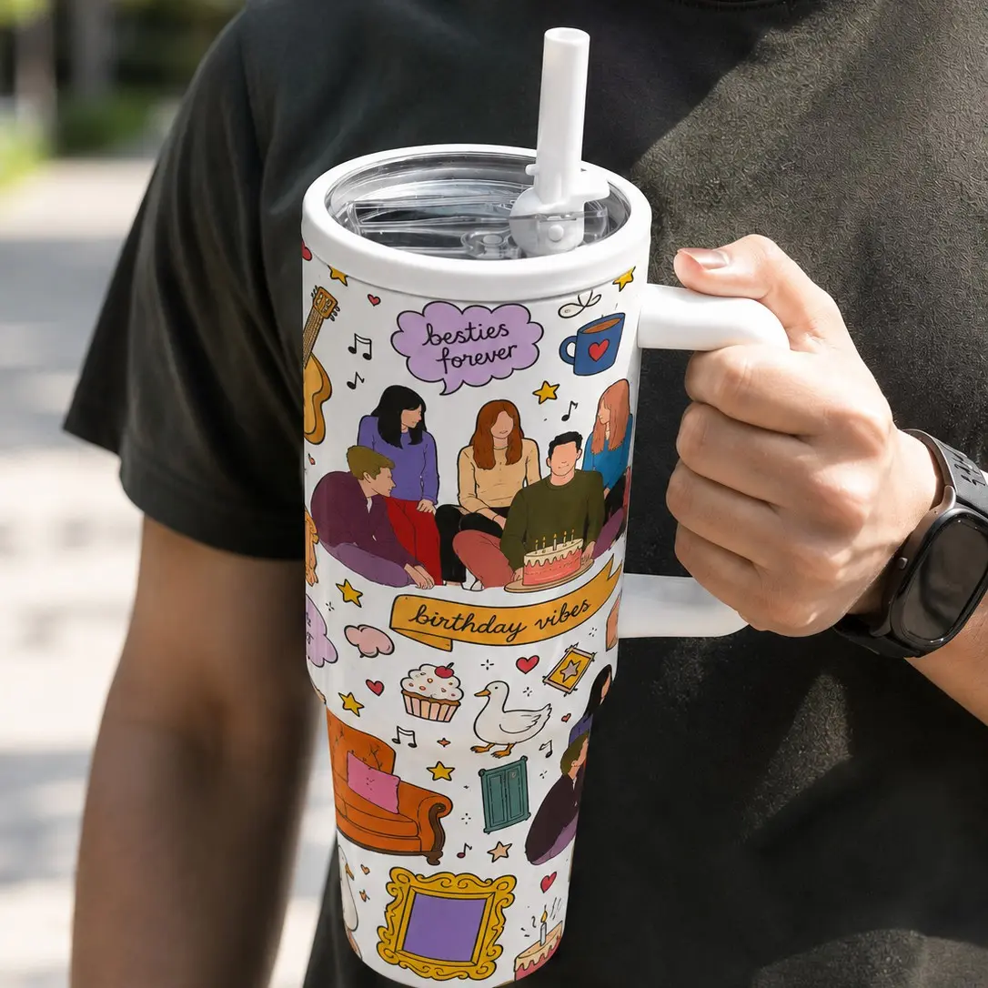1pc Friends Central Perk 40oz Tumbler With Handle Lid Straw, Classic Sitcom Character Iconic Quotes & Scenes Collage Insulated Stainless Steel Travel Cup, Leakproof Coffee Mug Gift For TV Series Fans Car Office Daily Use