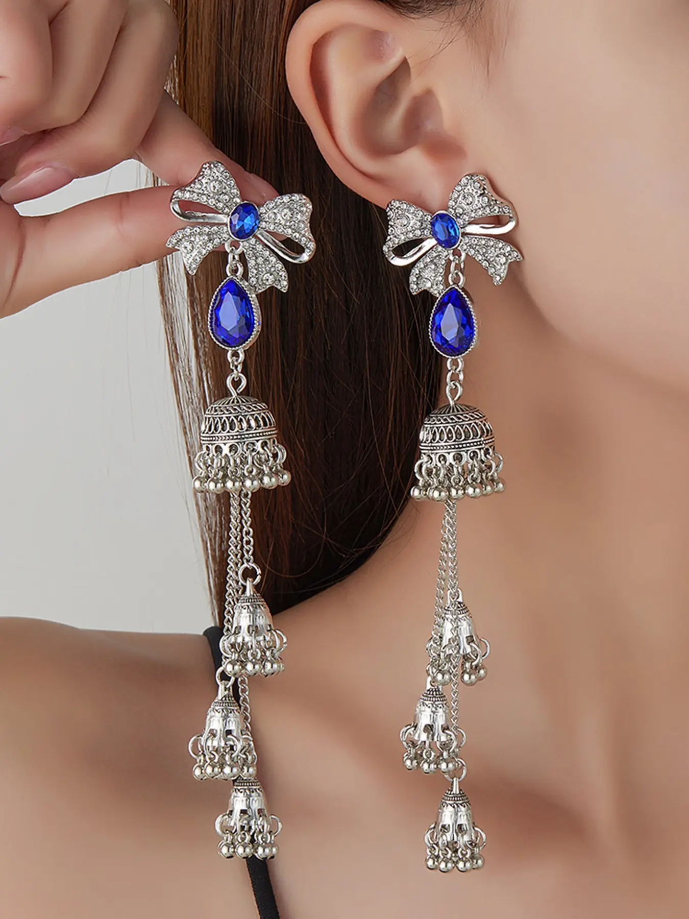 Vintage Silver Royal Blue Rhinestone Bow Earrings for Women, Long Tassel Jhumka Bell Waterdrop Drop Earrings, Indian Bollywood Ethnic Gypsy Festival Jewelry
