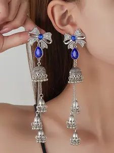 Vintage Silver Royal Blue Rhinestone Bow Earrings for Women, Long Tassel Jhumka Bell Waterdrop Drop Earrings, Indian Bollywood Ethnic Gypsy Festival Jewelry