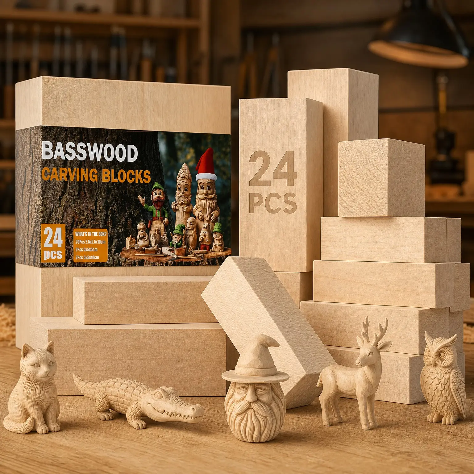 24 PCS Basswood Carving Blocks - Whittling Wood Blanks in 3 Sizes, Pre-Sanded Smooth Natural Surface, Fine Even Grain, Paint & Stain Friendly, Beginner DIY ProjectsGift
