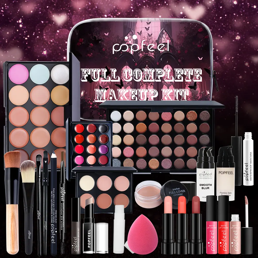Popfeel Portable Full Makeup Gift Box, Complete All‑In‑One Cosmetic Kit with Eyeshadow Palette, Lipsticks, Foundation, Mascara, Blush and Full Set of Makeup Brushes, Ideal for Travel & Beginner Use