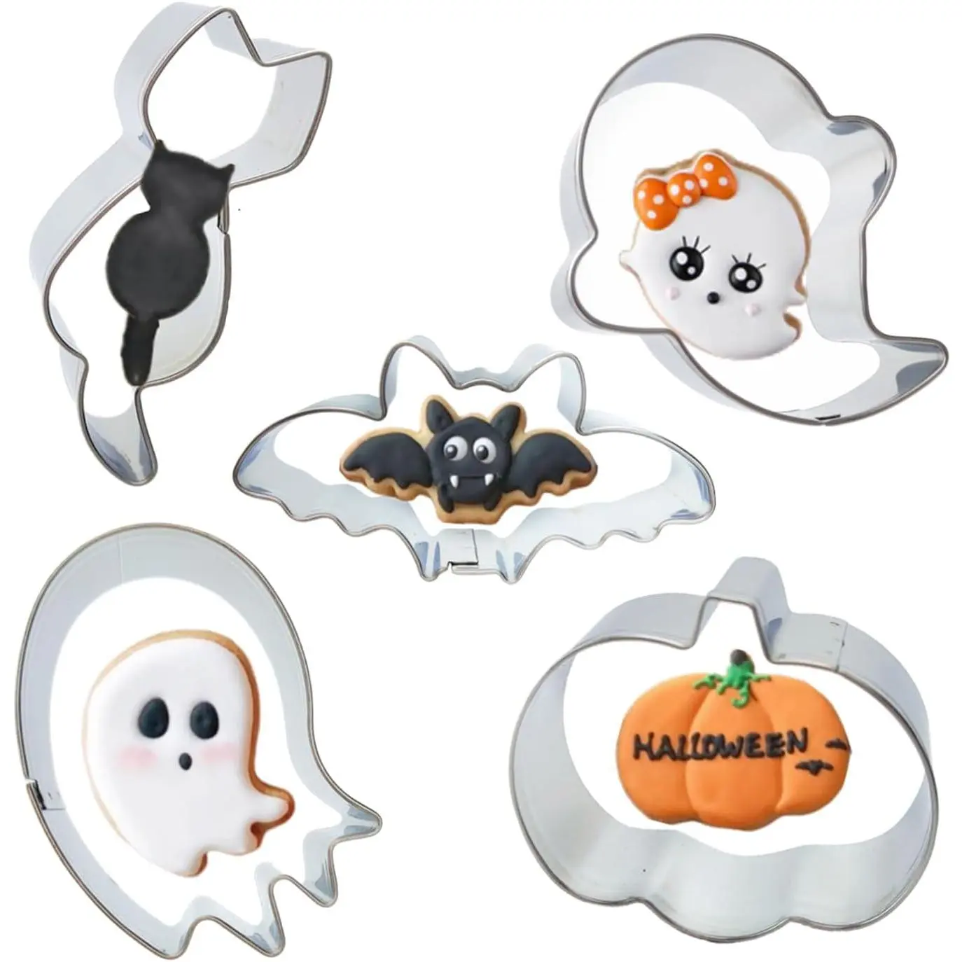5 count Mini Halloween Cookie Cutters, Size 2.2" to 2.6" Small Stainless Steel Molds , , Bat, Pumpkin Holiday Shapes for Halloween Party Decorations
