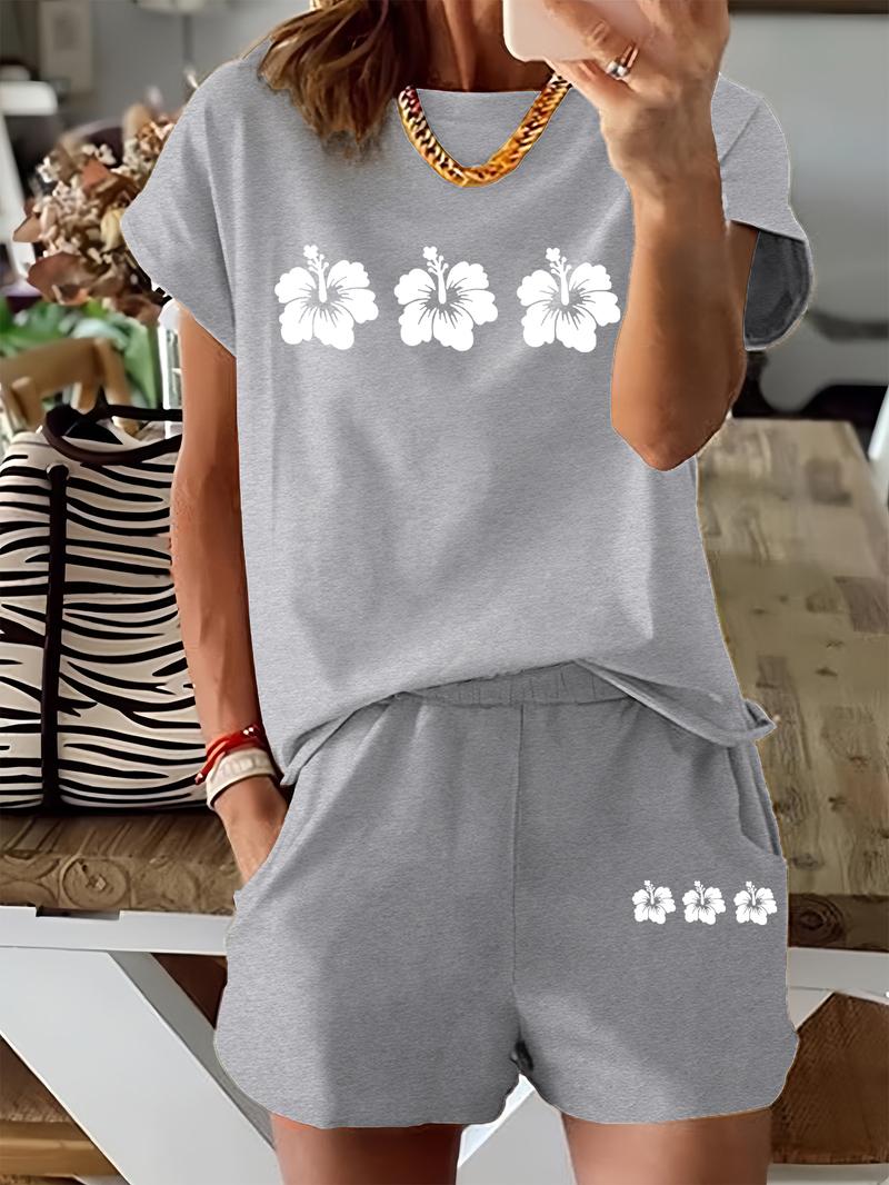 Two-Piece Set Women's Floral Print Tee & Shorts, Casual Short Sleeve T-shirt & Shorts for Summer, Ladies Clothes for Daily Wear