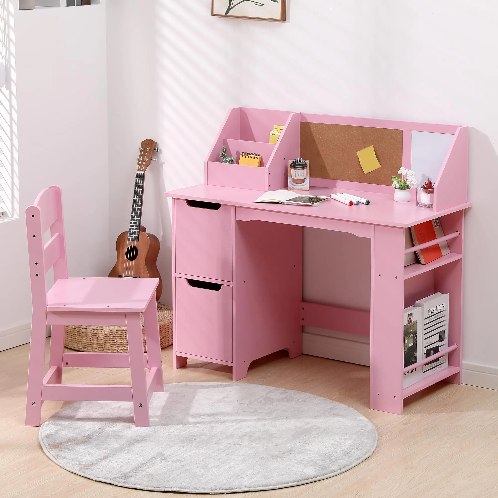 Wooden Adjustable Desk & Chair Set with Hutch, Bookshelf & Corkboard, Multi-Functional Storage Workstation for Homework & Creative Projects