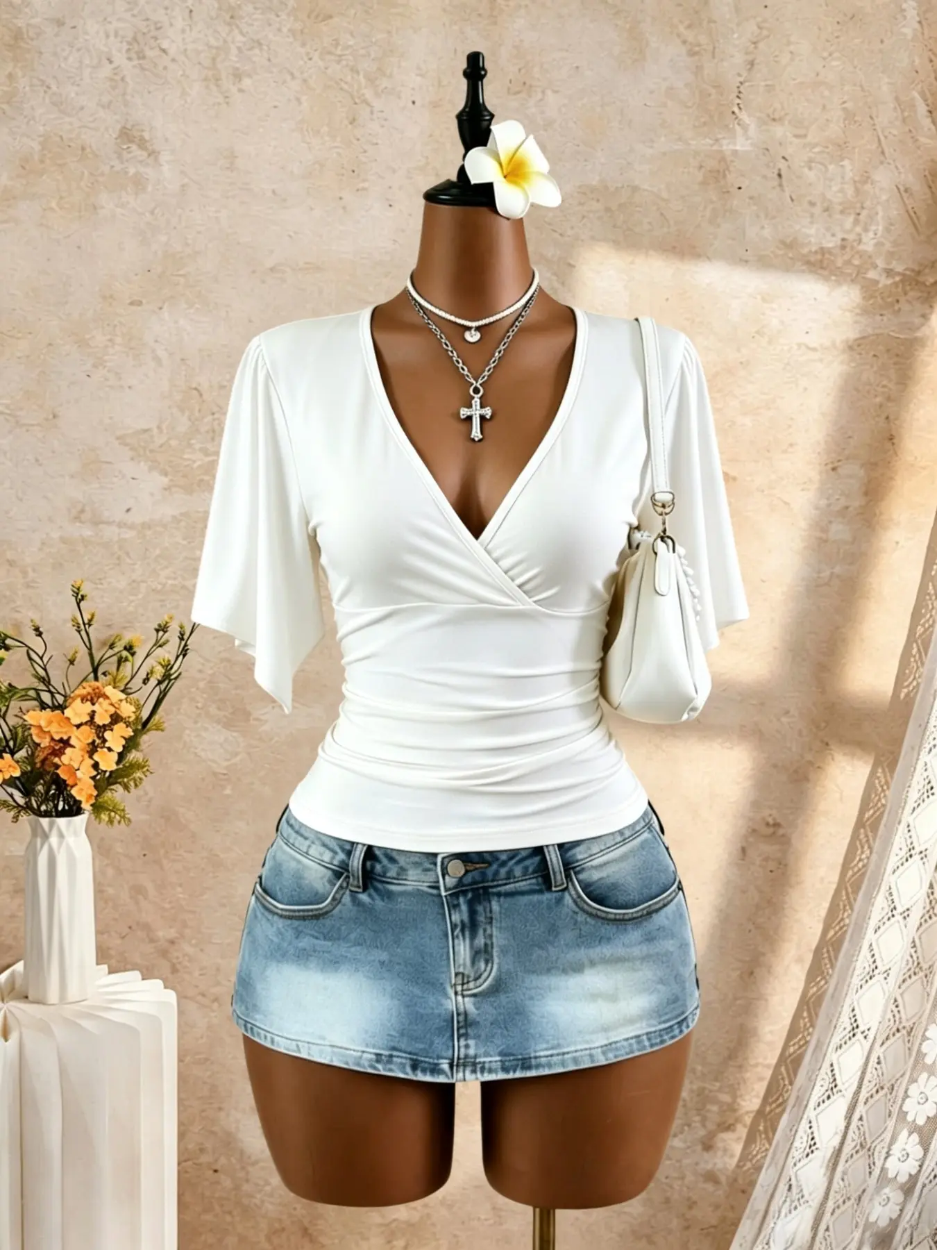 Elegant V Neck Ruffle Sleeve Top for Women, Slim Fit Casual T-Shirt, Perfect for Beach and Office Wear, Stylish and Comfortable