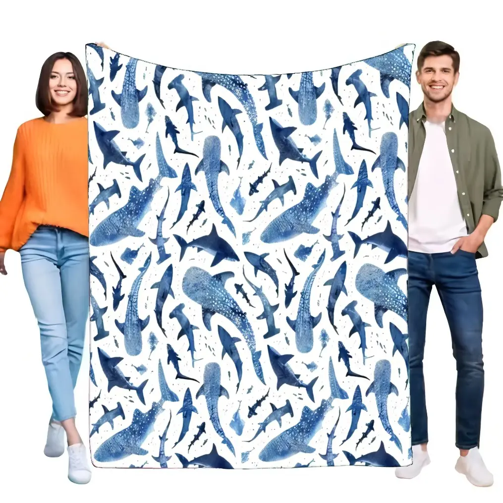 Watercolor Shark & Whale Ocean Flannel Blanket, Soft Cozy Lightweight Throw for Adult Blanket Kids Blanket, Sea Animal Art Design Summer Cooling Air Conditioner Blanket for Sofa Bed Beach Picnic Travel Gift