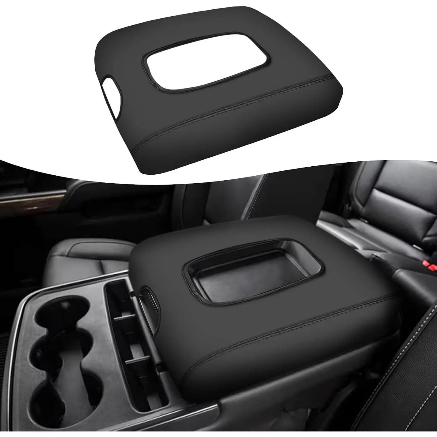 Rifoda Microfiber Leather Jump Seat Cover for Chevy Silverado & GMC Sierra 2014-2018, Car Center Console Cushion, Interior Protection & Decoration Accessory (Black with Black Stitches)