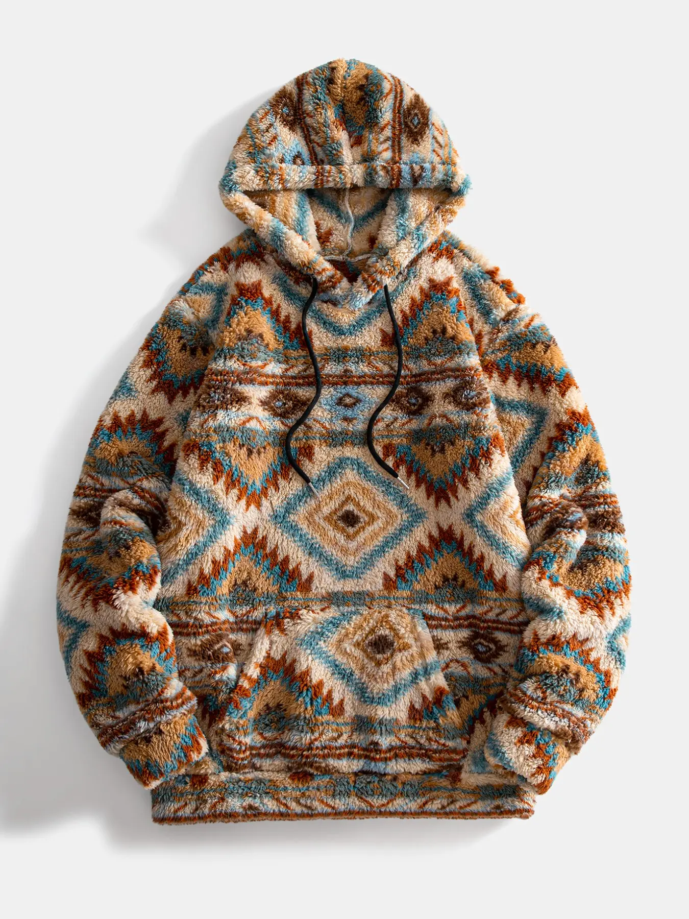 Men Ethnic Aztec Geometric Plush Hoodie, Drawstring Kangaroo Pocket, Warm Pullover, Loose Retro Fall Winter Streetwear, Casual Outerwear Top