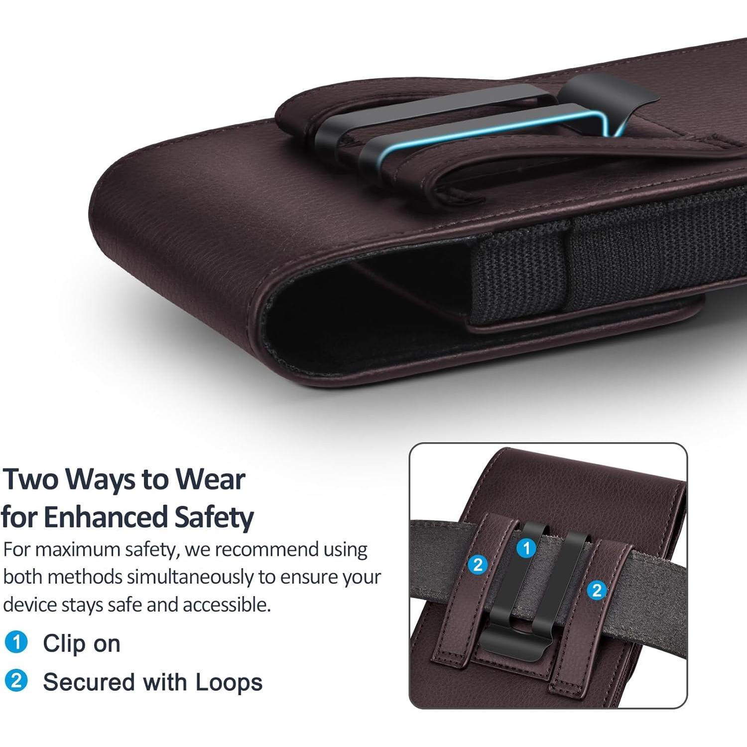 THE WELL KEPT Leather Phone Holster with  Metal Belt Clip and  Closure Compatible with  16/15/14/13/12 Pro Max, Galaxy S25/S24/S23/S22 Plus & FE, L-Coffee