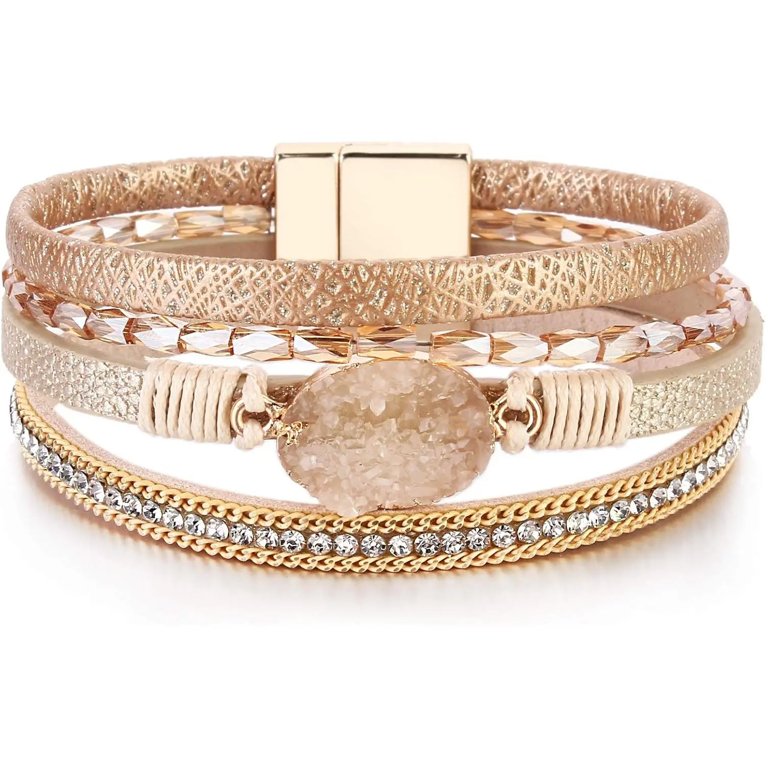 FANCY SHINY Boho Leather Wrap Bracelet Stackable Chunky Crystal Cuff Bracelets Western Jewelry Summer Beach Outfits  Women New model