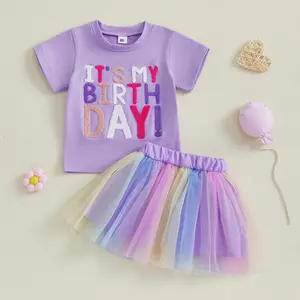 Toddler Birthday Girl Outfit One Two Three Four Five Birthday Girl Letter Embroidery Shirt Top Mesh Tutu Skirt Princess Party Skirt Set