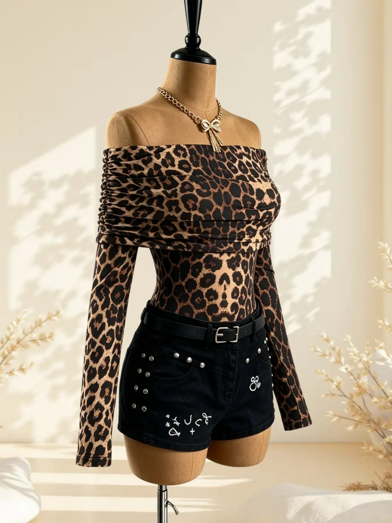 Fashionable Leopard Print Off-Shoulder Blouse, Long Sleeve Ruched Design, Slim Fit Women's Top Clothes for Fall & Winter