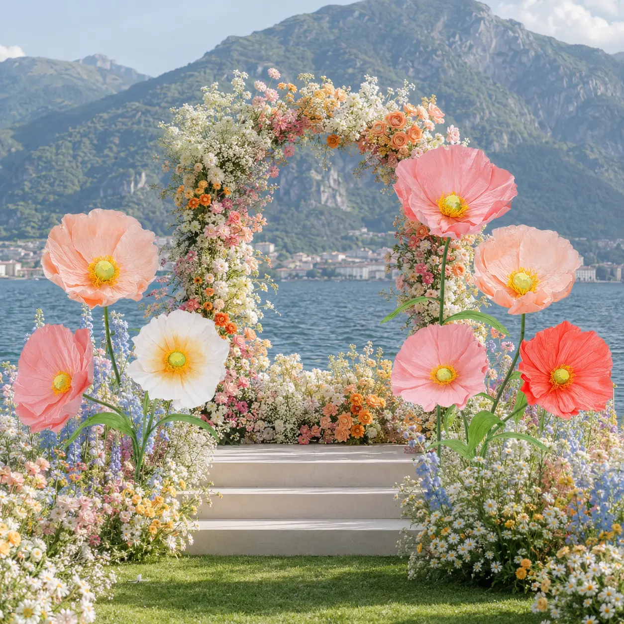 7-Piece Giant Paper Poppy Flower Set, Mixed Color Oversized Standing Flowers for Wedding Backdrops, Birthday Parties and Event Decor