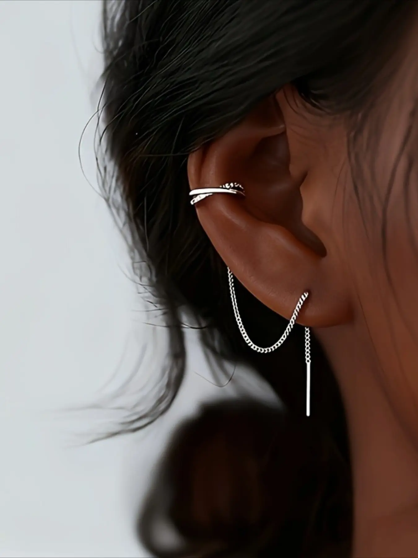 2Pcs Minimalist Premium Silver Tassel Threader Cross CZ Earrings Inlaid Cubic Zirconia Stackable Daily Women Jewelry Gift for Best Friends.
