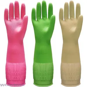 1 Pair Long Cuff Dishwashing Gloves, 15 Inch Rubber Cleaning Gloves, Flexible Non-Slip Durable Household Gloves in Red Yellow Green, X-Large Size