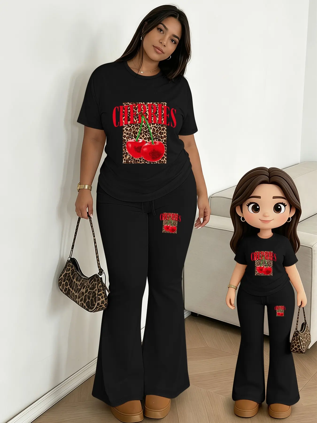 2-Piece Set Leopard Print Cherry American Vintage Cherry Print American Campus Youthful Fashion Plus Size Women's 2-Piece Casual Oversized Short Sleeve Top Set Short Sleeve Flared ared Pants Plus Size Slimming Outfit