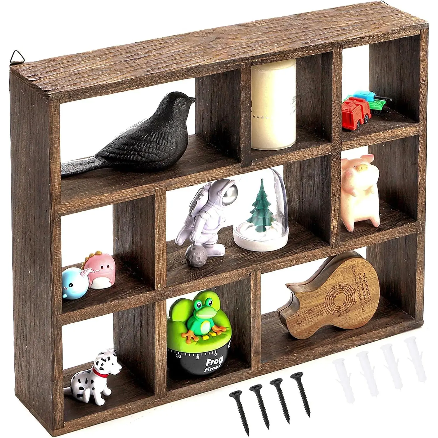 Shadow Box Display Shelf, 15" x 11.8" 9-Slot Rustic Floating Shelves,  Finish Wall Mountable/Freestanding Shelf with Screws for Wall Table or Desk