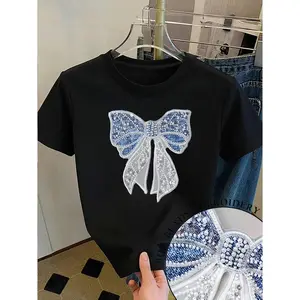 Women's Cotton Fabric Streetwear T-Shirt - Spring/Summer New Arrival, Niche Craft Applique Design, Sequin Pearl Bow 3D Applique, Round Neck Short Sleeve, Loose Casual Base Layer, Versatile for Daily Commute, Dating