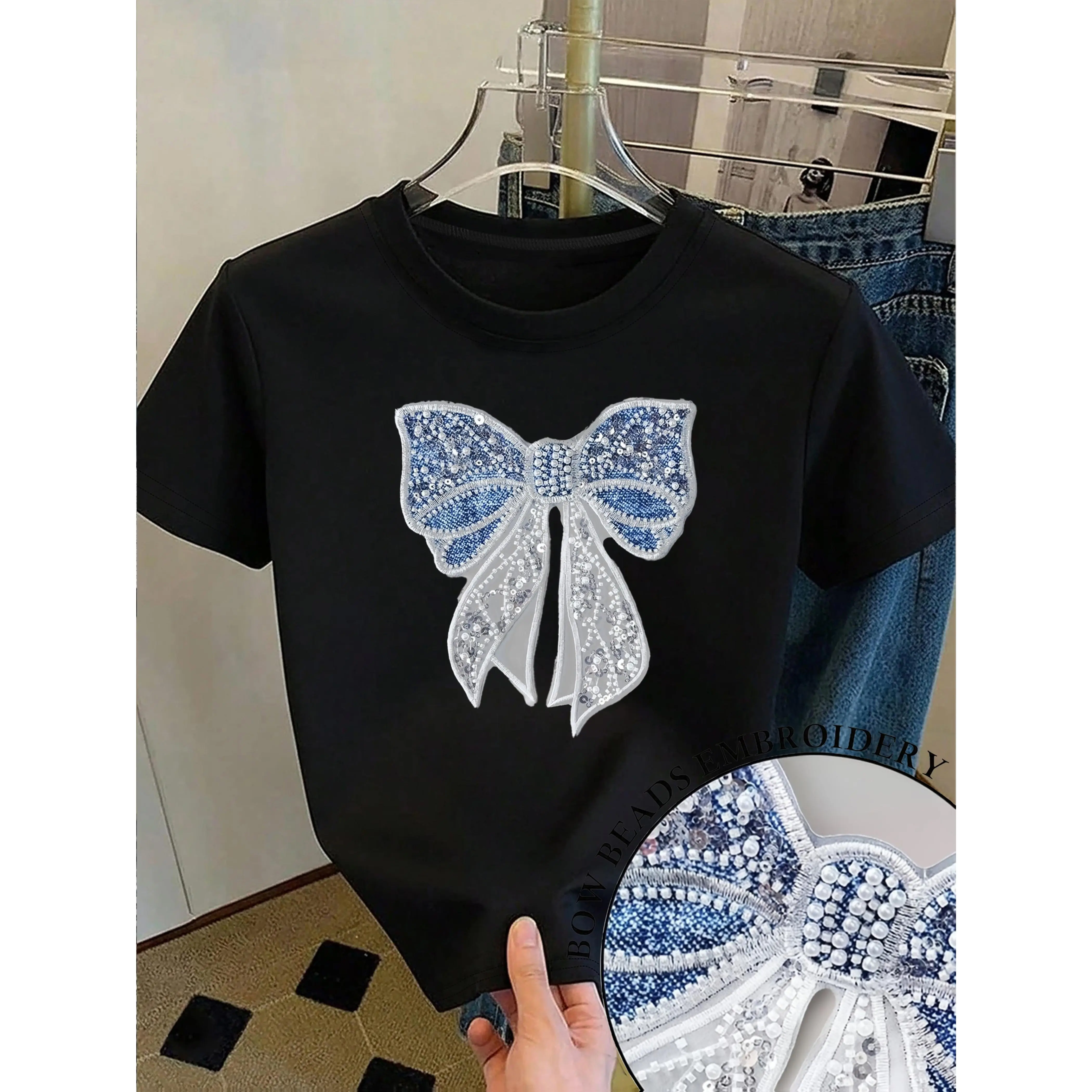Women's Casual Cotton T-Shirt with 3D Sequin Pearl Bow Applique, Short Sleeve Loose Fit Crew Neck Top, Tshirt, Shortsleeve, Tops, Women's Clothes, Chinese New Year, Valentines Day, All Over Print, Lightweight, Streetwear, Fabric, Round Neck, Casual Chic,,
