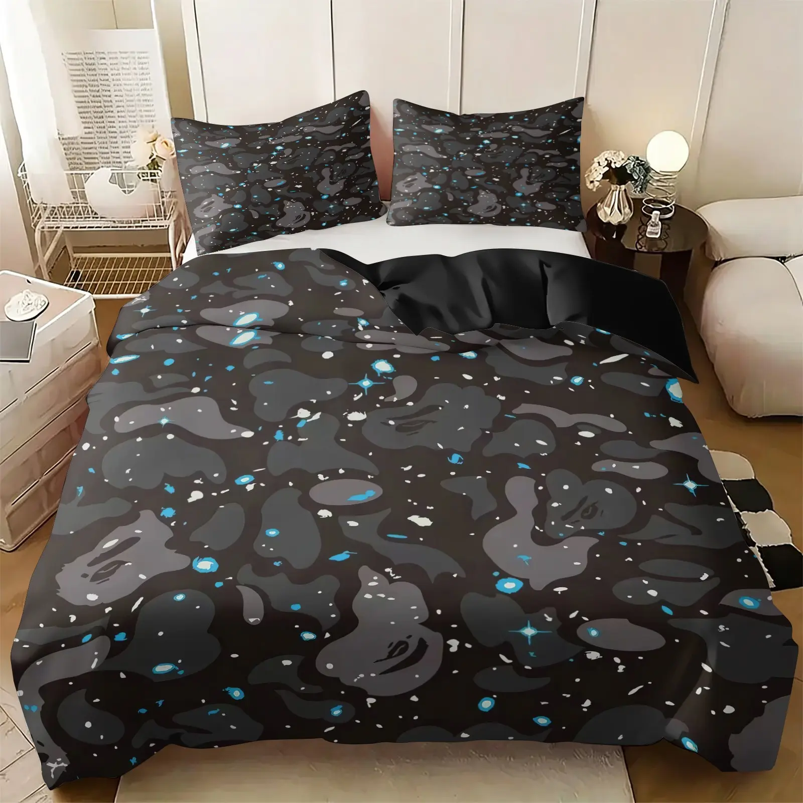 Trendy Dark Galaxy Camo Patterns Duvet Cover Set, Include 1 Comforter Cover and 1/2 Pillowcases, Grey Camouflage with Blue Space Star Print Quilt Cover, Teen Hip Hop Bedroom Decor Bedding