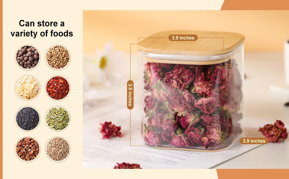 4-Pack Glass Storage Square Jars with Bamboo Lids Single 24 fl oz/720ml,Glass Canister Set, Airtight Containers for Kitchen Dry Goods, Coffee, Tea, Sugar,Flour ,Candy, Cookie, Spice
