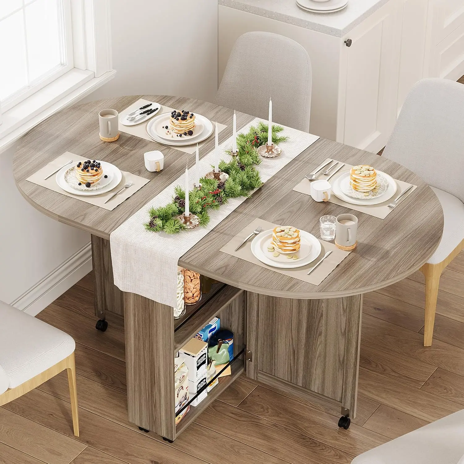 3-in-1 Drop Leaf Folding Dining Table on Lockable Casters, Oval Rolling Kitchen Table with Wine Rack, Storage Drawer, Space-Saving for Small Spaces, Apartments & RVs