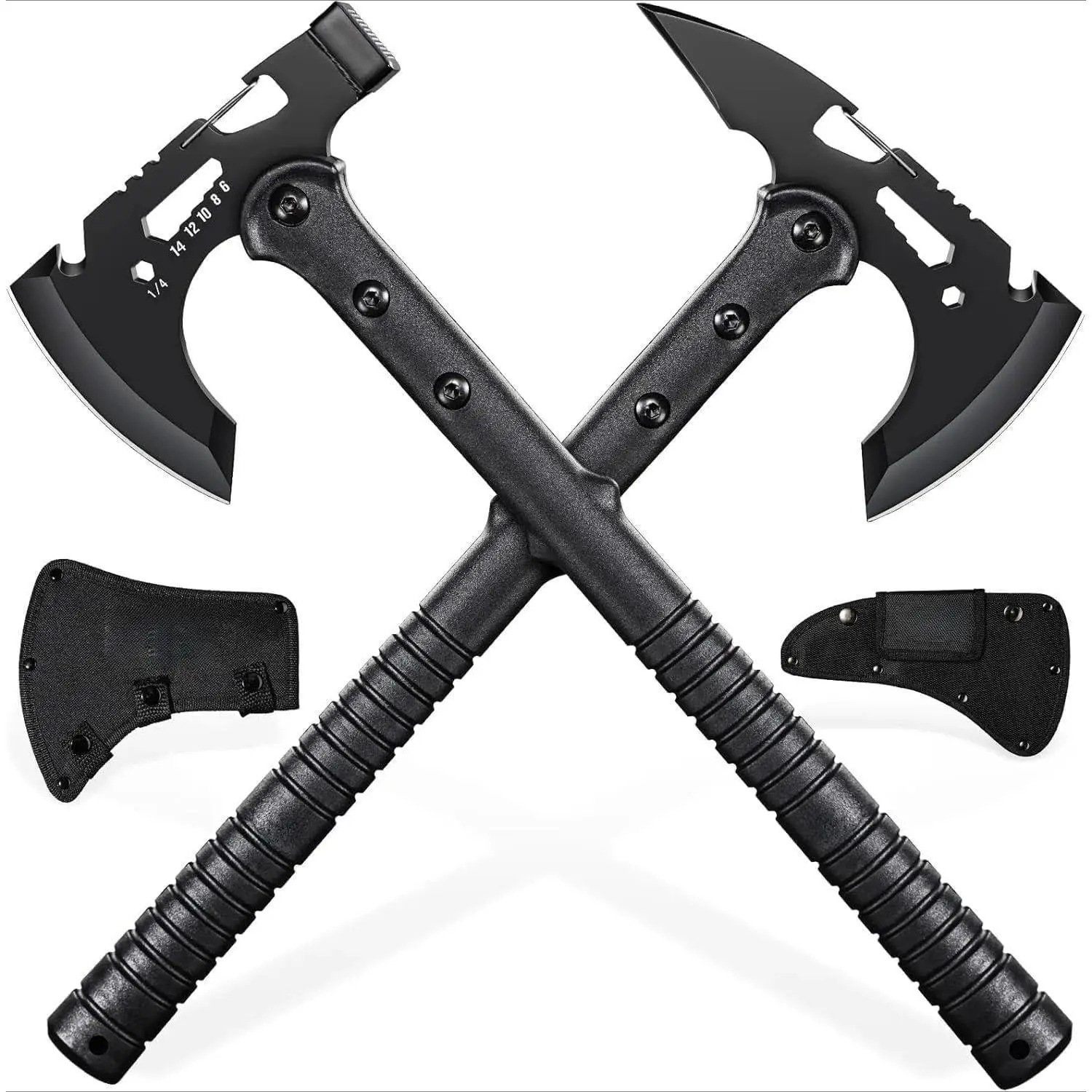 2 Pack Multi-Function Camping Hatchet Tool, Heavy Duty Wood Splitting Axe with Storage Cover, Built-in Bottle Opener & Carabiner, Portable Survival Tool for Outdoor Camping Hiking Gardening