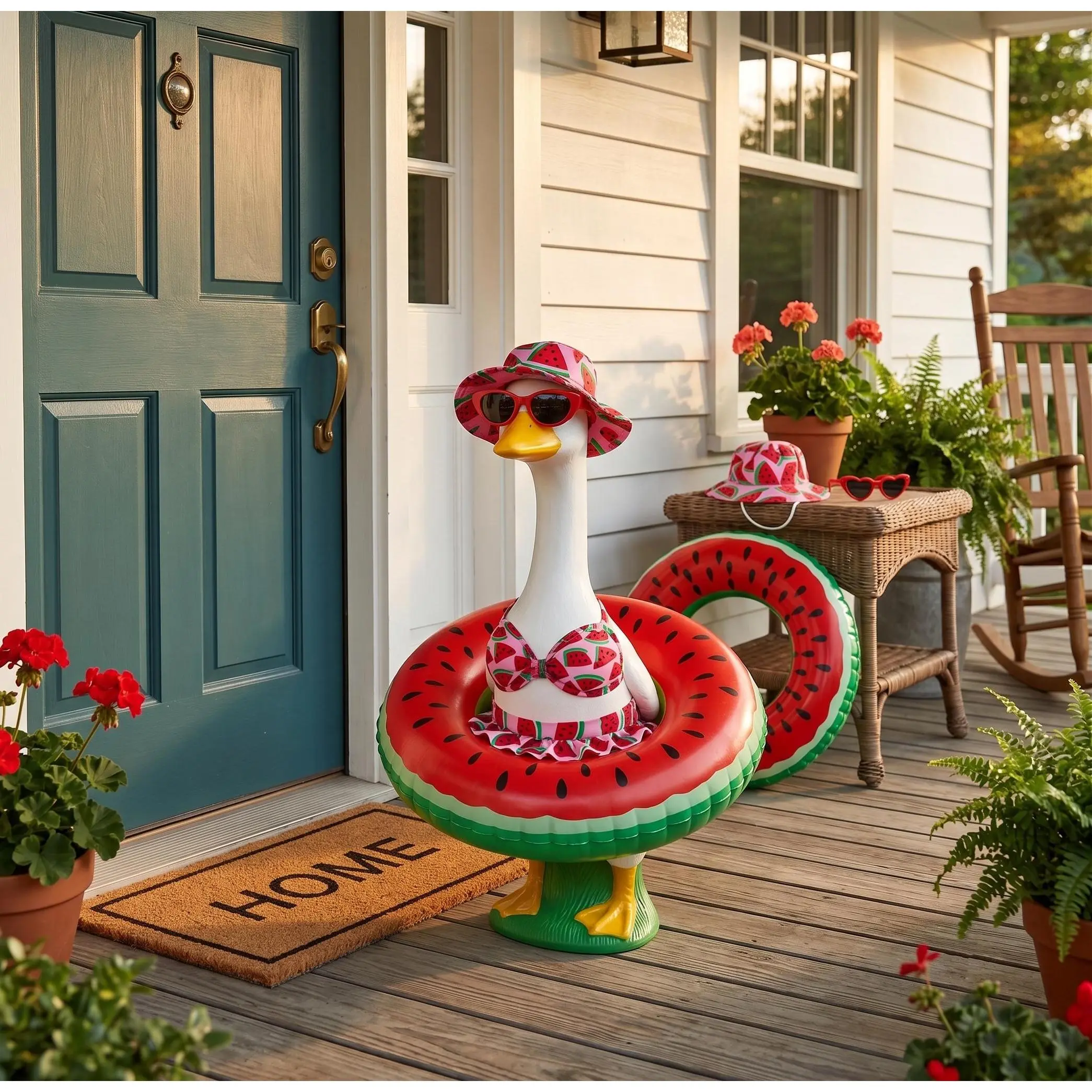 5PC Retro Fruit-Print Watermelon & Lemon Goose Costume Kit - for 23" Concrete Lawn Goose, Includes Hat, Sunglasses & Inflatable Float, Party Decoration Supplies, Colorful Festive Porch Garden Decor (Statue Not Included), Colorful Decor