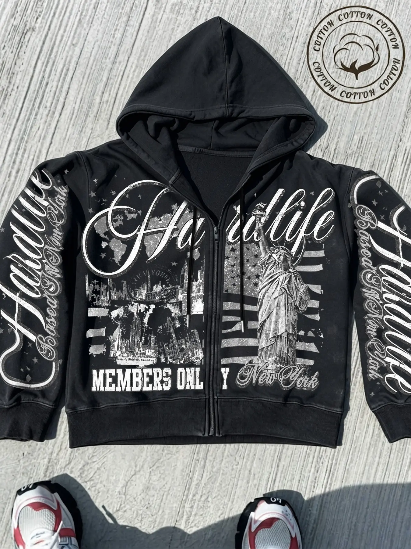 Y2K Vintage Washed Drop Shoulder Men's Pullover Hoodie, Statue of Liberty Print, Breathable Cotton, Streetwear, Spring Fall
