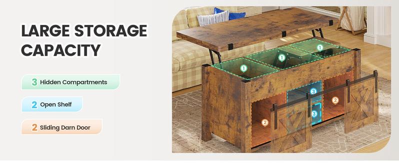 Sikaic 4 in 1 Multi-Function Lift Top Coffee Table with Storage and Hidden Compartment Brown
