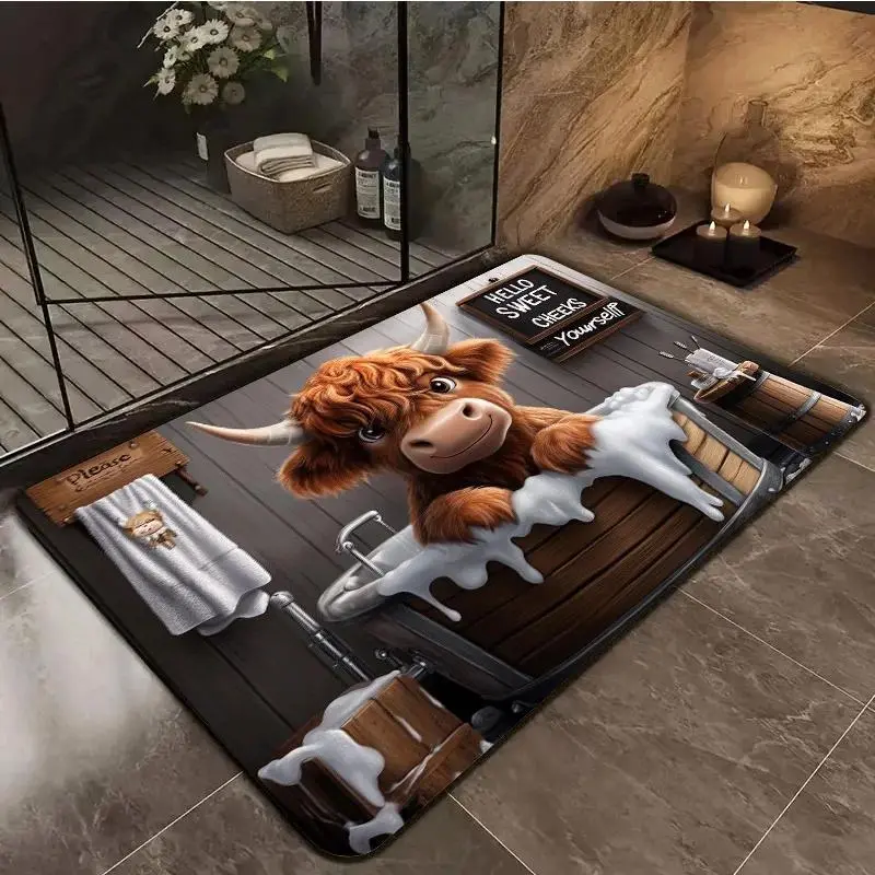 Highland Cow Bath Mat - Non-Slip, Water-Absorbent Decorative Floor Rug, Farmhouse Cute Animal Doormat for Bathroom, Entryway, Room Accessories